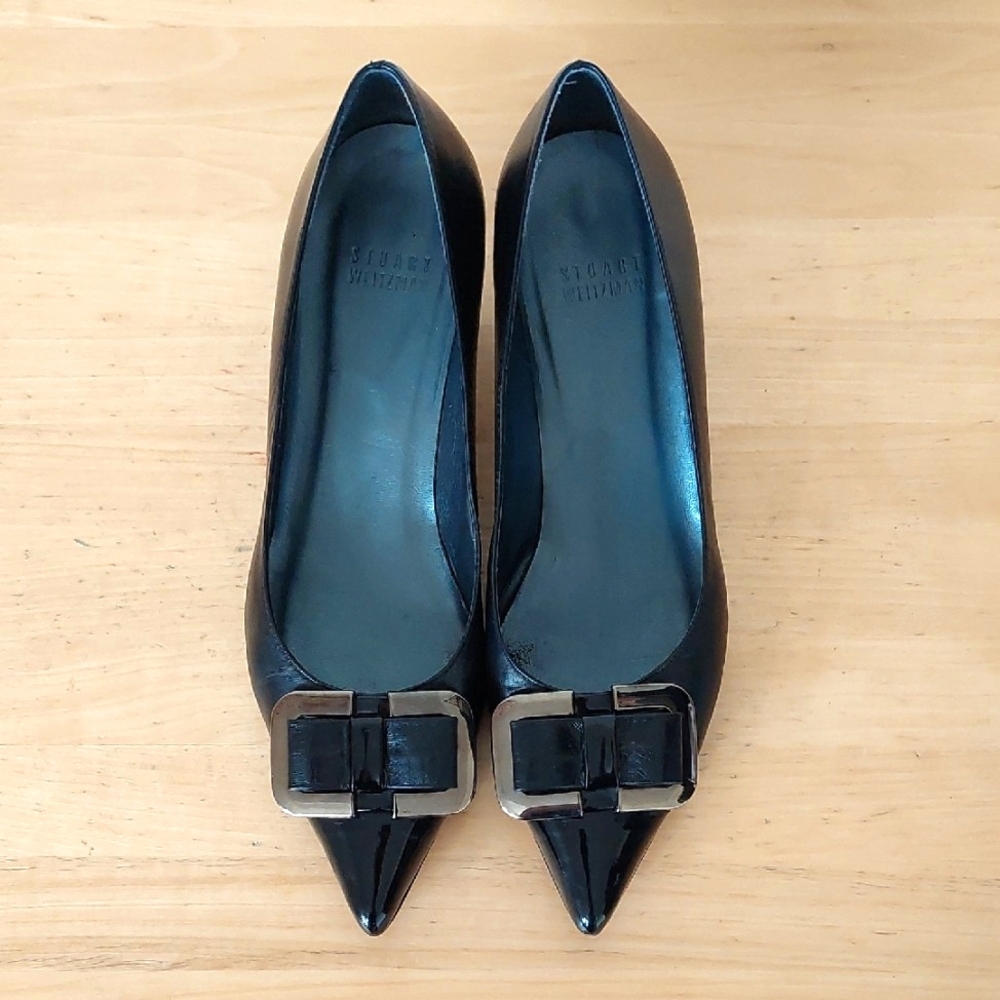 Stuart Weitzman Black Bow Leather Low Heels